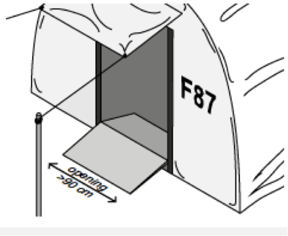 Pintu masuk ke tenda dengan rincian ukuran pintu masuk, warna kontras untuk pintu dan ramp kecil di atas ambang pintu