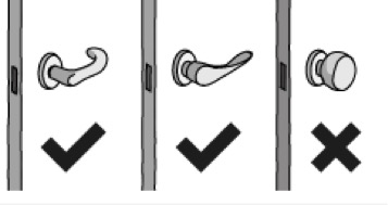 Diferentes tipos de manijas de puerta, indicando que no debe utilizarse la manija redonda