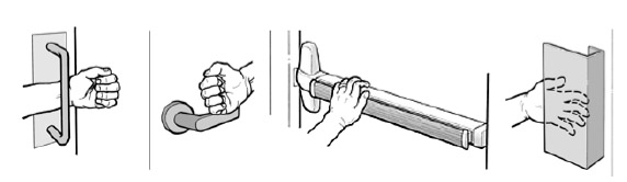 Empat contoh gagang pintu. Pegangan tarik berbentuk huruf "D", pegangan putar, pegangan dorong dan pegangan tarik