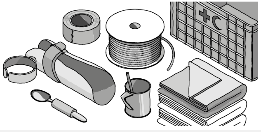 Des ustensiles simples, un support de cuillère, une tasse avec une paille, des couvertures etc.