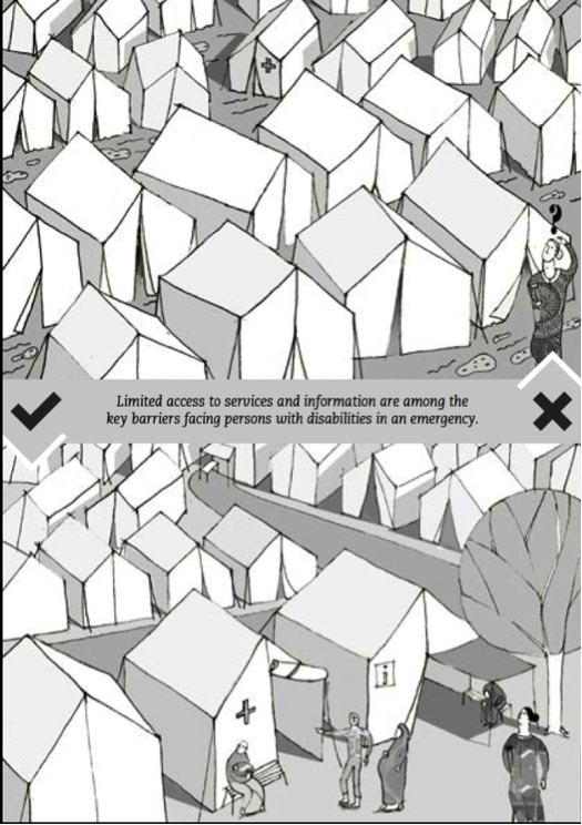 An unorganised shelter site with lack of clear information signage and beneath the same site organised and well organised signs for information and services. On the picture it reads: "Limited access to services and information are among the key barriers facing persons with disabilities in an emergency"