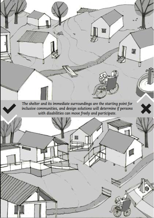 Scène montrant un premier site d'abri avec plusieurs barrières et en dessous une autre scène montrant le même site avec des barrières supprimées ou adaptées. Sur la photo, on peut lire : "Le refuge et ses environs immédiats sont le point de départ de communautés inclusives, et les solutions de conception détermineront si les personnes handicapées peuvent se déplacer librement et participer"