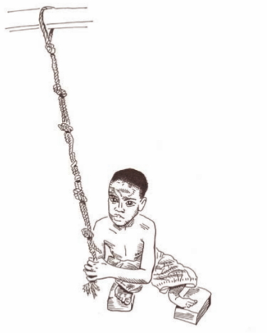 Seorang anak laki-laki menggunakan tali sebagai penopang saat menggunakan jamban