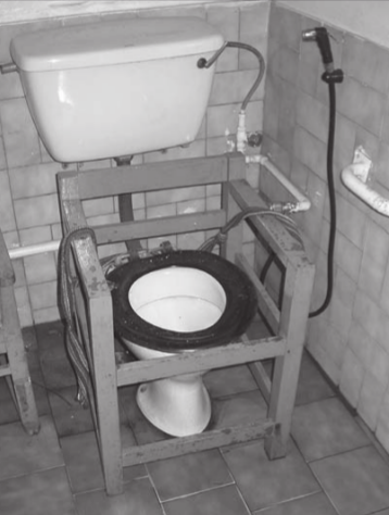 Locally made wood frame around pedestal toilet seat