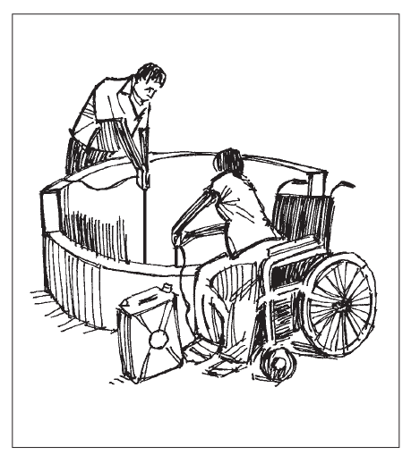 A person without disabilities and a person in a wheelchair are pulling water from an open well.