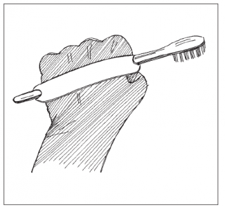 Sebuah kain atau tali yang diikat di sekitar tangan berfungsi untuk memegang sikat gigi