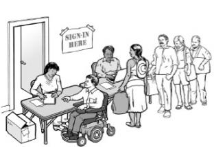 File d'attente de personnes en attente d'inscription. Un bureau est adapté à un utilisateur de fauteuil roulant.