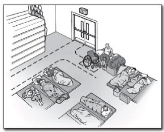 Zone de couchage où un espace est conçu pour un utilisateur de fauteuil roulant