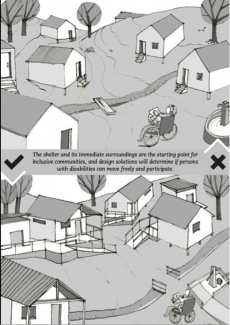 Scene showing a first shelter site with several barriers and below another scene showing the same site with barriers removed or adapted. On the picture it reads: "The shelter and its immediate surroundings are the starting point for inclusive communities, and design solutions will determine if persons with disabilities can move freely and participate"