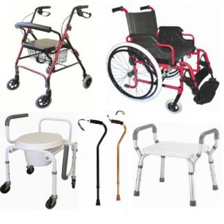 Distintos tipos de dispositivos asistenciales: andador, silla de ruedas, bastones e inodoro portátil