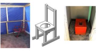 Tres tipos de adaptaciones para letrinas. Una silla de plástico con un agujero colocada sobre el agujero de la letrina, una silla de madera con un agujero, y una	cubierta de cemento a modo de asiento elevado sobre el agujero de la letrina