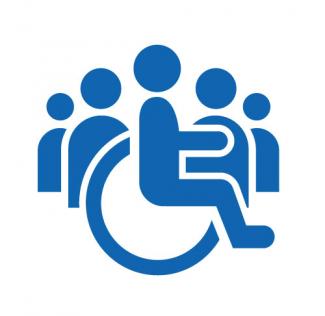 Gambar pengguna kursi roda berada di depan sekelompok orang