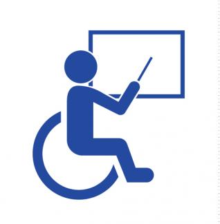 Dibujo de una persona en silla de ruedas delante de una pizarra
